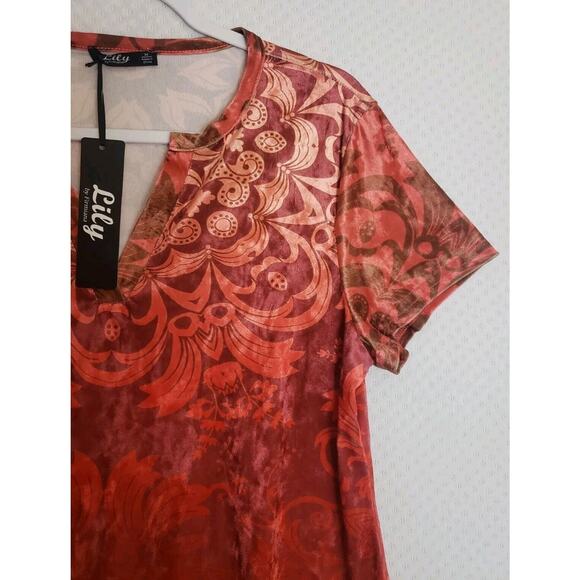 Lily by Firmiana Burnout Velvet Orange Short Sleeve V Neck Tunic Top. Size M NWT - Picture 7 of 9